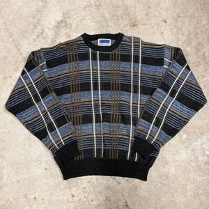 Vintage 90s Blue and Black Plaid Knit Sweater Streetwear Winter Cottage XL
